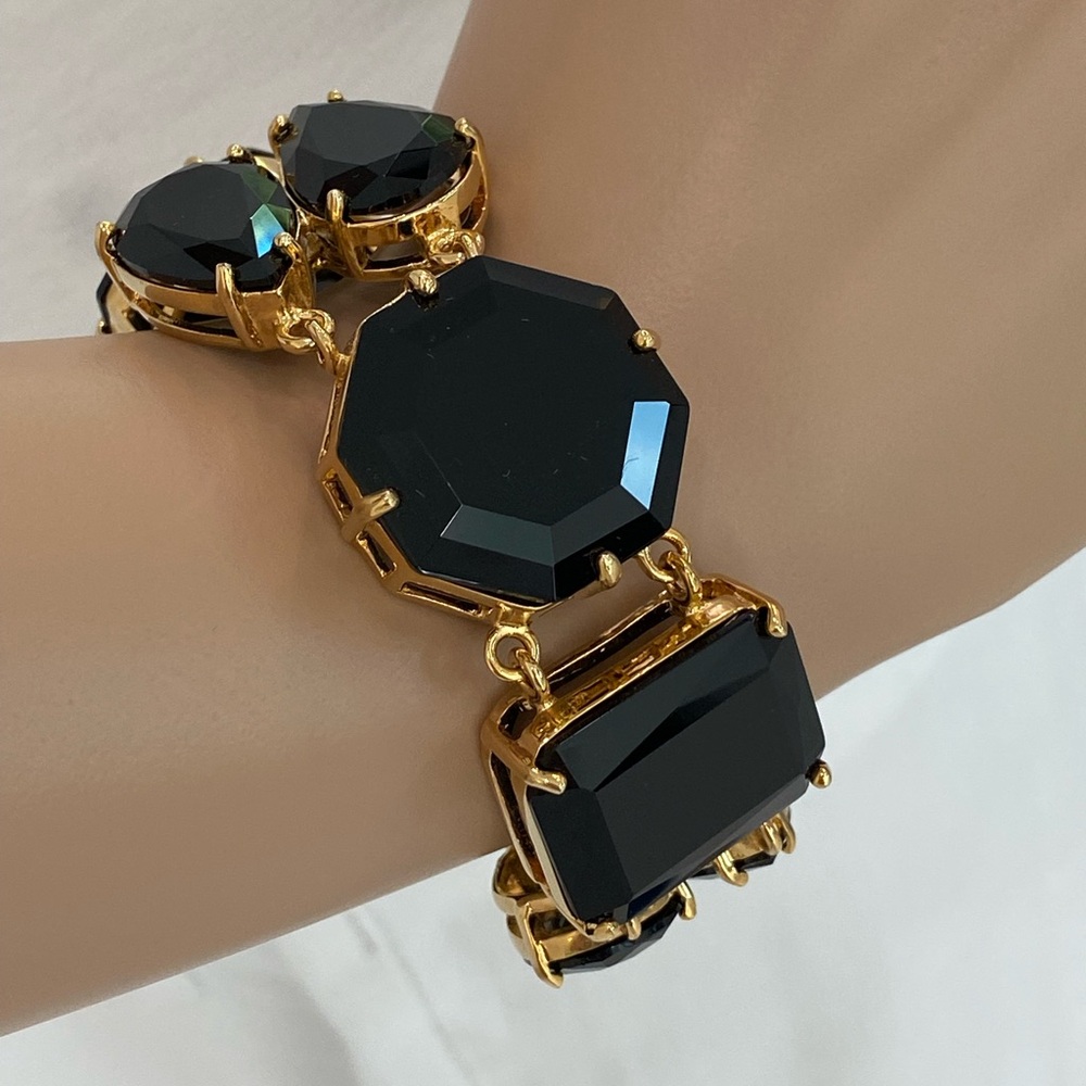NWOT Gorgeous Kate Spade Chunky Black Crystal Bracelet, Set In Polished Goldtone